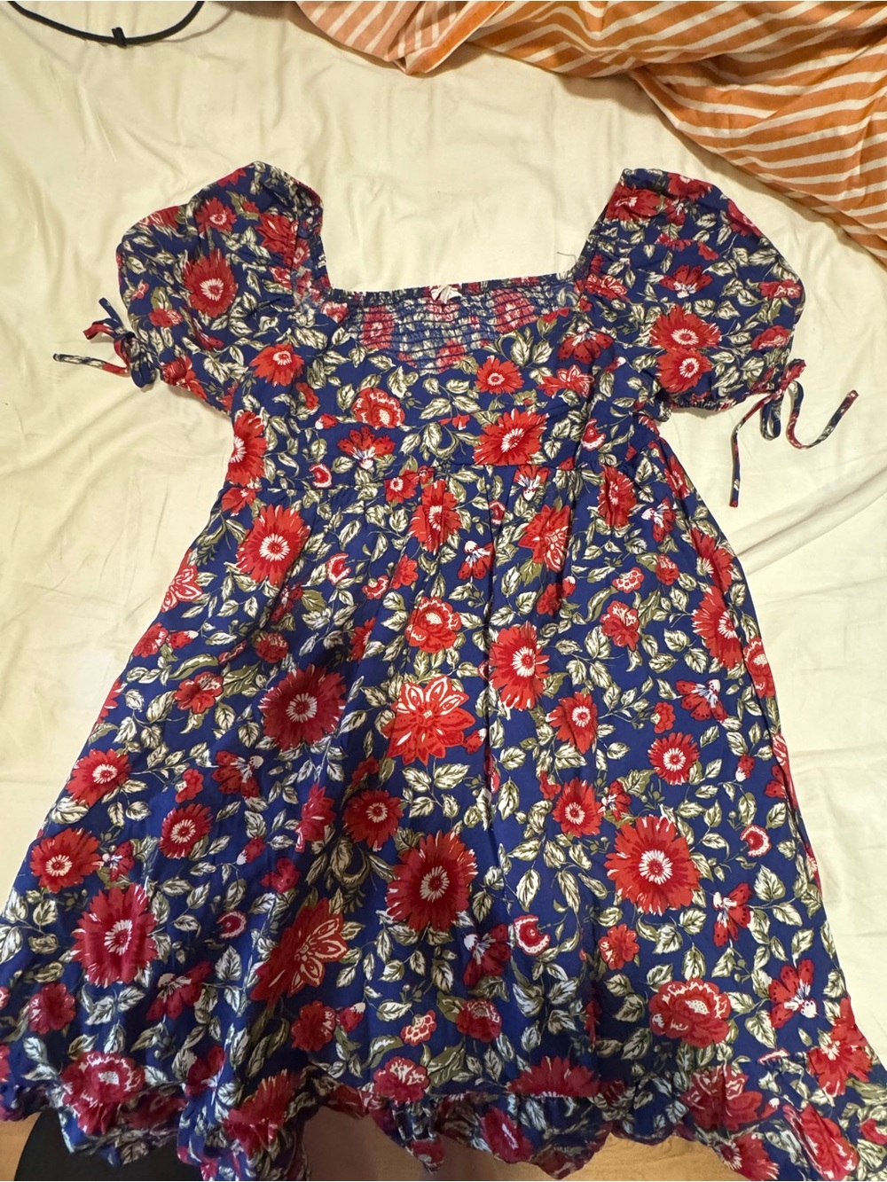 Blu Pepper Floral Puff Sleeve Summer Dress with Red Flowers